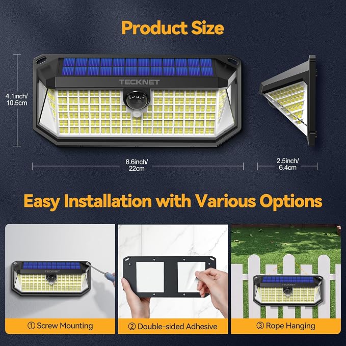 TECKNET 4200Lm Solar Lights Outdoor 416 LED Motion Sensor Security Lights | IP66 Waterproof,300° Angle,3 Lighting Modes,4 Pack Cool White Solar Lights for Fence,Front Door, Yard, Deck and Garden