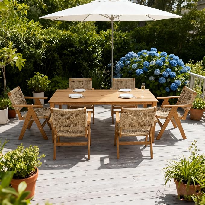 68.9” Outdoor Dining Table, Wooden Patio Table, Outdoor Furniture with Umbrella Hole, 6 Seater Outside Table for for Garden, Poolside & Backyard,BBQ ect. (Teak Color)