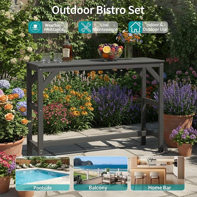 55" HIPS Outdoor Bar Table, All-Weather Patio Bar Counter Height Table, Rectangle Black Bar Height Table for Outside, Garden, Backyard, Balcony, Poolside, Black