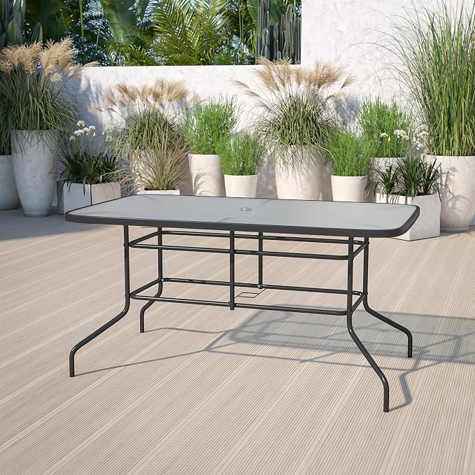 BOWERY HILL Rectangular Glass Patio Table, Clear Top Black Powder-Coated Metal Frame, 55" x 31.5", 5mm Tempered Glass, Indoor/Outdoor Dining Table for Commercial or Residential Use