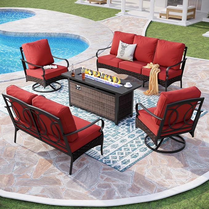 Patio Furniture Set with 56" Fire Pit Table, Premium Outdoor Wicker Metal Frame Furniture with Upgraded Waterproof Thick Cushions for Porch, Poolside, Deck, and Yard