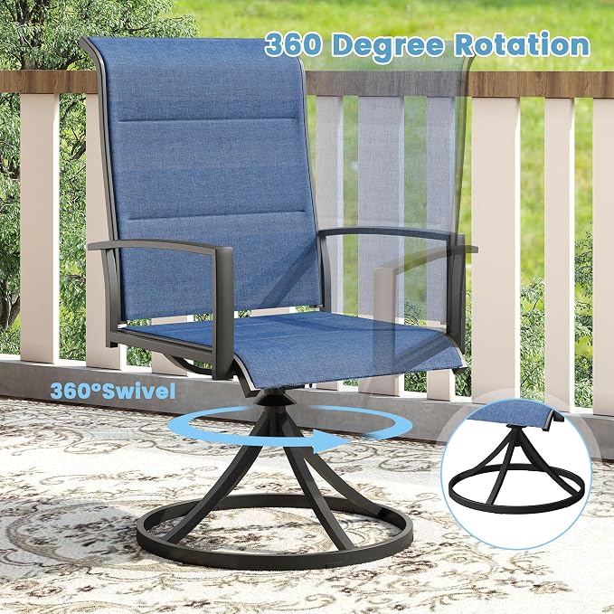 DIFY 7 Piece Outdoor Dining Set, Metal Patio Table and Chairs Set, 50" Black Round Dining Table & 6 Blue Padded Textilene Swivel Patio Chairs, Outdoor Furniture Set for Garden Backyard Porch