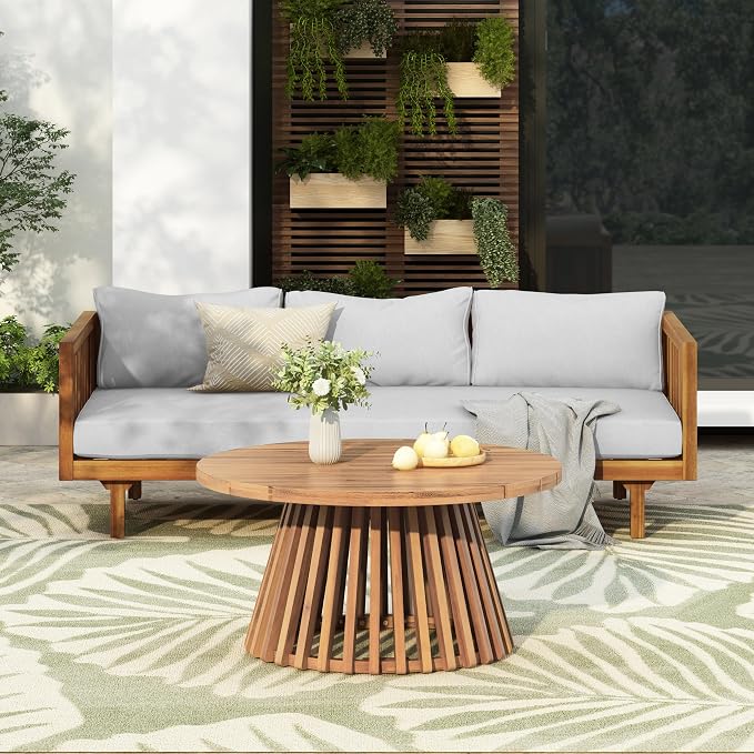 Christopher Knight Home Charm Patio Conversation Set, 3 Seater Acacia Wood Sofa, Spacious Seating Daybed, Wood Coffee Table, Round Side Table, Outdoor Furniture for Backyard Garden Rest, Light Gray