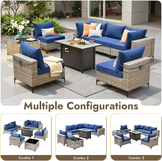 8 Pieces Patio Furniture Set with 42" Fire Pit, All-Weather Rattan Outdoor Sectional Conversation Sets L Shaped Sofas with Solar Light Coffee Table for Porch Balcony Backyard Navy Blue