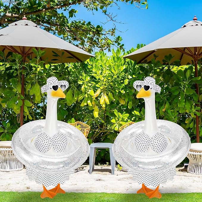 Hawaiian Porch Goose Outfits Summer Bikini Goose Outfit Fits 23" Goose Statue with Hat Sunglasses & Swimming Ring for Cement Yard Decor(White)