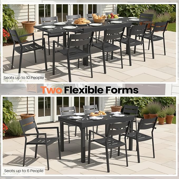 Pellebant Extendable Aluminum Patio Dining Table for 6-10, 53" to 106" (9 ft) – Weather-Resistant Outdoor Table with Sturdy Frame for Deck, Backyard & Poolside