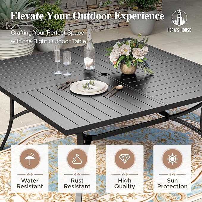 HERA'S HOUSE 9pc Outdoor Patio Dining Set for 8, Textilene Chairs, Brown | 57.5" Square Metal Table with umbrella hole. Waterproof, rust-resistant, all-weather for backyard, porch