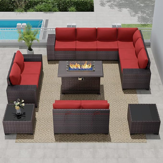 13 PCS Outdoor Patio Furniture Set,Outdoor Sectional Furniture with 43" 55000 BTU Gas Propane Fire Pit Table,All Weather PE Rattan Wicker Patio Conversation Set,Red