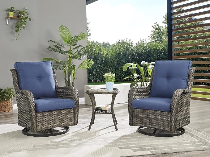Rilyson Wicker Rocking Chair Swivel Chairs - 3 Piece Rocker Patio Furniture Set Rattan Rocking Bistro Sets with Glass Top Side Table for Outdoor Porch Deck Garden Backyard (Mixed Grey/Blue)