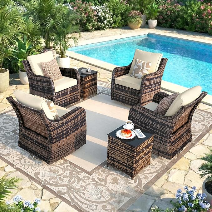 MEISSALIVVE Outdoor Patio Furniture Set with Swivel Chair, 6 Pieces Patio Conversation Set, Patio Sectional Furniture Set with 4 Swivel Rocker Patio Chair and 2 Side Table (Brown)