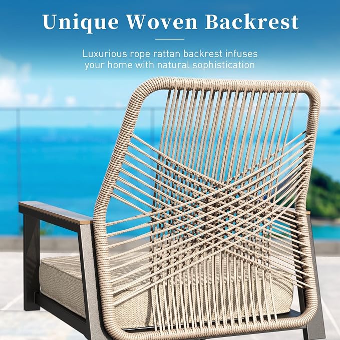 SUNSHINE VALLEY 7 Pieces Patio Dining Set, 6 x Woven Rattan Chairs with Waterproof Cushion, 54” Metal Round Dining Table with Umbrella Hole, Outdoor Table and Chairs Set for Backyard Lawn and Deck