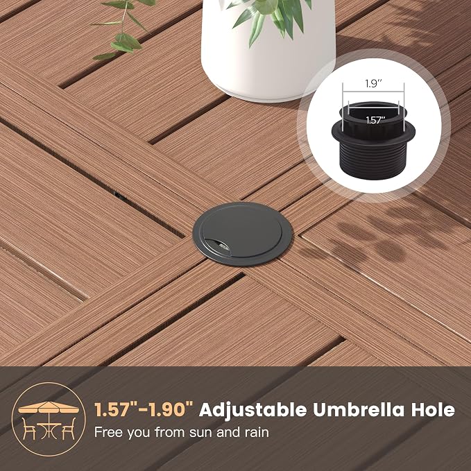 53.1" Outdoor Dining Table with Adjustable Umbrella Hole, Metal Slatted Round Patio Dining Table for Backyard Garden Deck, Walnut