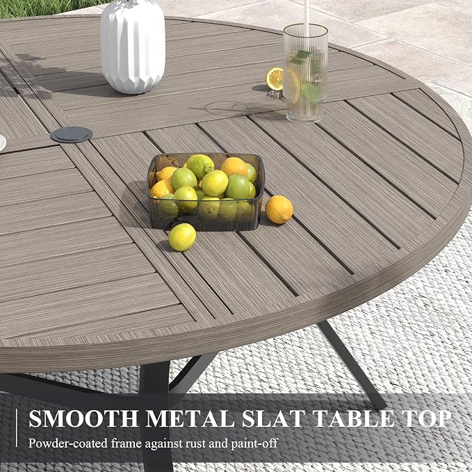 VICLLAX 50" Round Patio Table with Umbrella Hole, All Weather Metal Outdoor Dining Table for 6, Outside Table with Storage Shelf for Lawn Garden, Grey Wood-Grain Finish