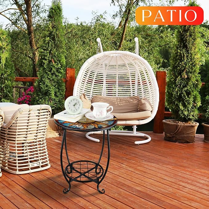 Cinnvoice Outdoor Side Table Round Small Mosaic Patio Accent Indoor End Plant Coffee Tea Table for Yard Patio Porch Garden Living Room, Bedroom(Sun Style,14 Inch)