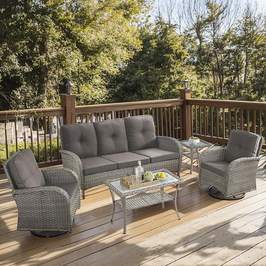 5 Piece Patio Furniture Set - Wicker Patio Conversation Set with Swivel Glider, 3 Seat Sofa, Tempered Glass Side Table and Coffee Table for Deck Backyard - Grey Wicker Grey Cushion