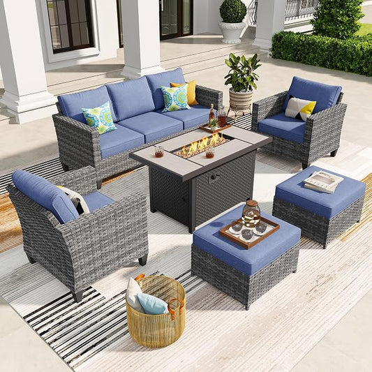 ovios 6 Pieces Patio Furniture Set with Fire Pit Table, Outdoor Wicker 3-Seat Sofa with Comfy Cushion, High Back Rattan Conversation Set for Deck Porch, Denim Blue