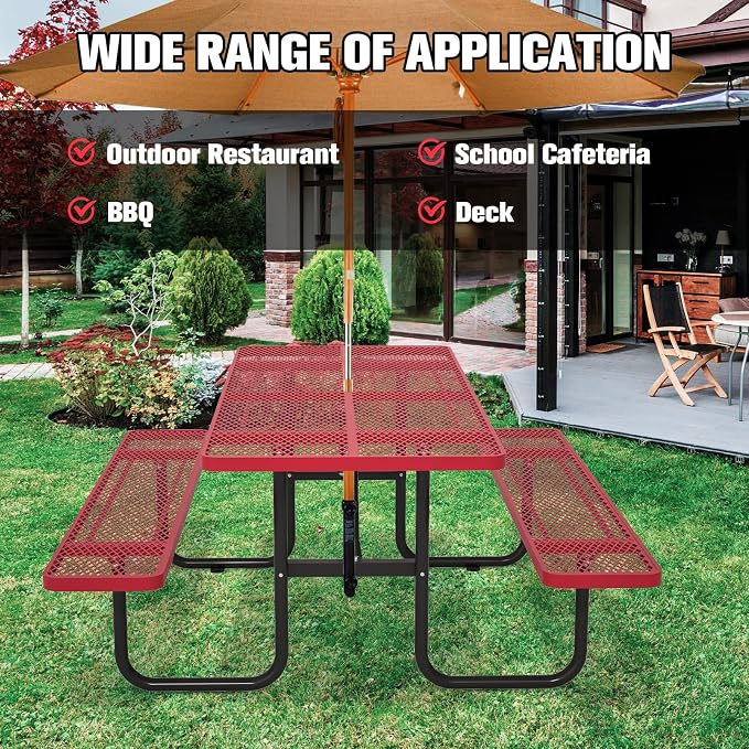 72'' Rectangular Steel Picnic Table for Outdoors,Commercial Metal Picnic Table with Umbrella Hole, Heavy Duty Sturdy Picnic Tables Furniture Set for Patio Garden Courtyard BBQ, Red