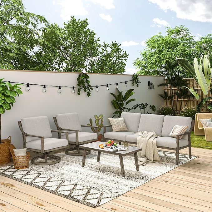 HAPPATIO 4-Piece Outdoor Patio Furniture Set for 5, Aluminum Outdoor Conversation Set Includes 1 Three-Seater Sofa, 2 Swivel Chairs, and 1 Coffee Table, Perfect for Porch, Deck, Garden, (Grey)