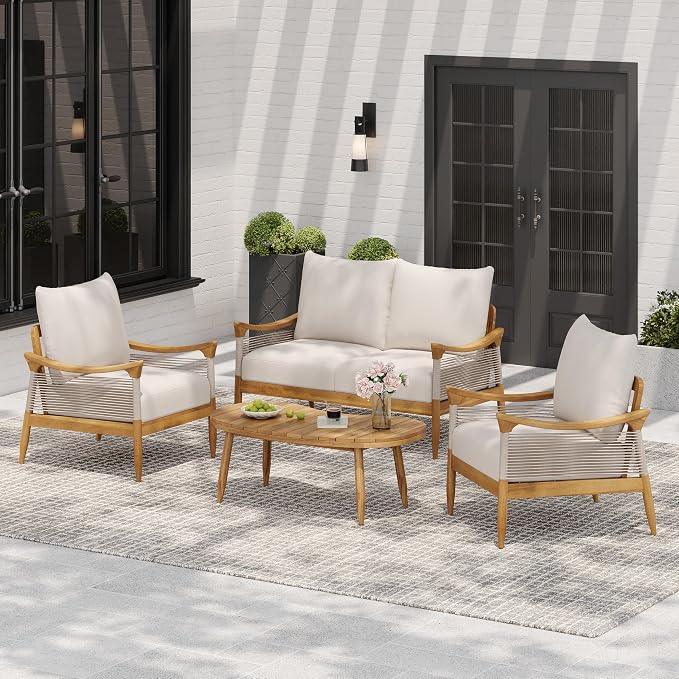 Christopher Knight Home Havets 4 Piece Patio Conversation Sets, Outdoor Acacia Wood Patio Seating Group,Woven Rope Loveseat Chairs with Cushions and Coffee Table for Porch Backyard Balcony, Teak+Beige