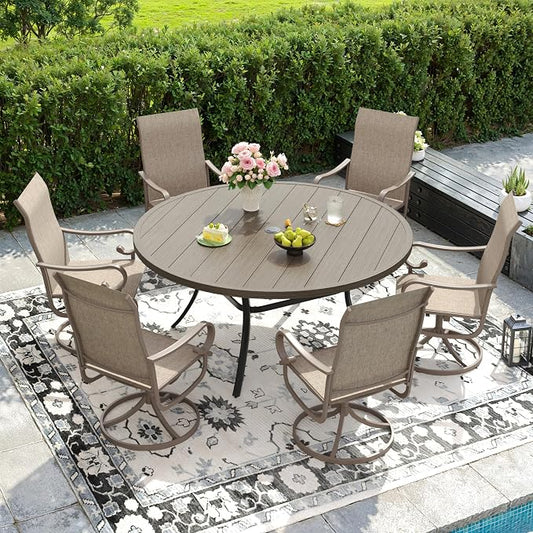 DIFY 7 Pieces Outdoor Dining Set for 6, Outdoor Furniture Set of 6 Sandshell Textilene Swivel Patio Chairs, 50" Grey Wood-Like Round Metal Dining Table Set with Umbrella Hole, for Garden Deck Backyard