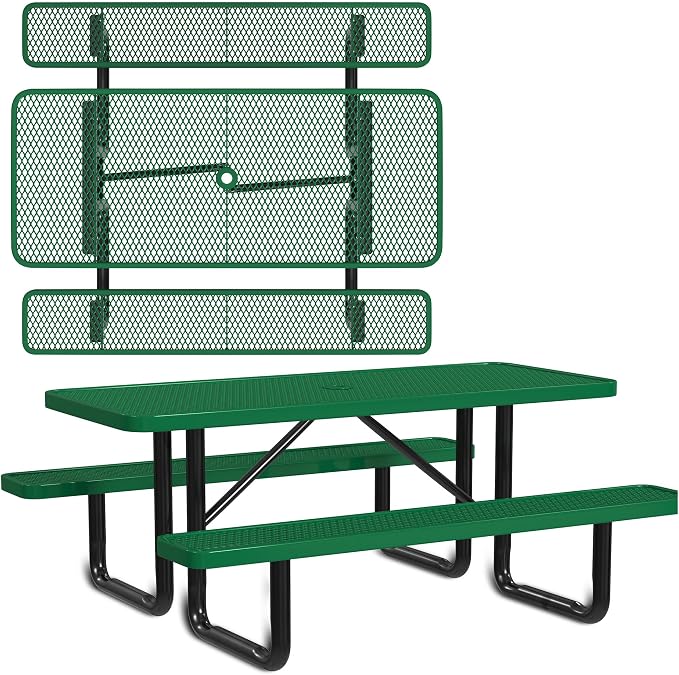 Leisure Craft Metal Picnic Table with Bench - 6 ft Rectangle Outdoor Dining Table for 6, Umbrella Hole, Weatherproof Heavy Duty Thermoplastic Coating, Commercial Grade Furniture Made in USA - Green