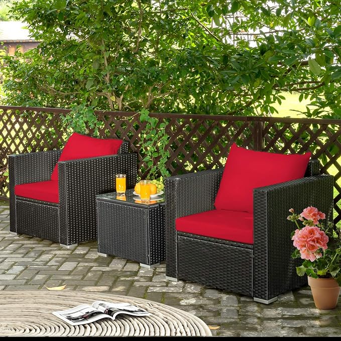 Tangkula 3 Pieces Patio Furniture Set, PE Rattan Wicker Sofa Set w/Washable Cushion and Tempered Glass Tabletop, Outdoor Conversation Furniture for Garden Poolside (Red)