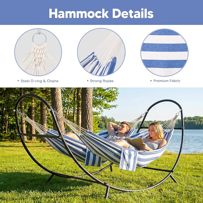 SUNCREAT Hammocks for Outside with Stand, Porch Hammock and Stand, 475 lbs Capacity, Patent Pending, Blue & White