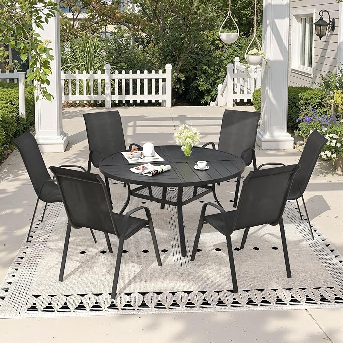 7 Pieces Outdoor Dining Set, 47.3" Spliced Patio Table with Umbrella Hole & Stackable Outdoor Dining Chairs, Patio Furniture Set for Deck Garden Porch, Black Chairs & Black Table
