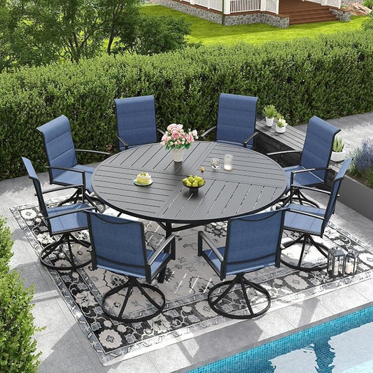 DIFY 9 Piece Outdoor Dining Set, Metal Patio Table and Chairs Set, 63" Black Round Dining Table & 8 Blue Padded Textilene Swivel Patio Chairs, Outdoor Furniture Set for Garden Backyard Porch