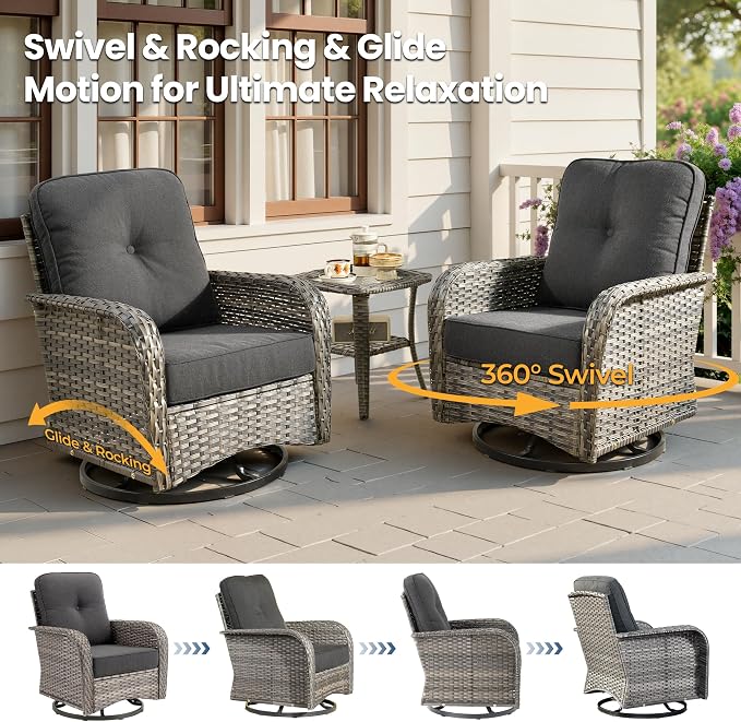 Weaxty Wicker Patio Furniture Set with Swivel Rocker Chairs Outdoor Loveseat Sofa and Rattan Coffee Table, 5 Pieces Outdoor Conversation Sets for Patio Porch Deck Backyard Poolside, Black
