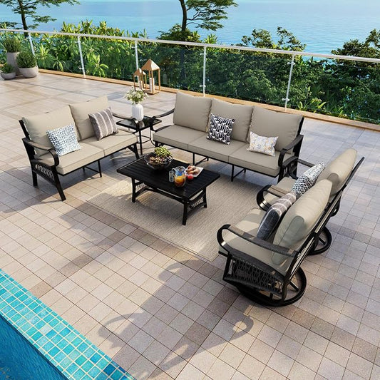 6 Pieces Patio Conversation Sets, All-Weather Metal Swivel Rocking Chairs with Rope Furniture Set, Outdoor Sofa Couch for Deck, Porch, Garden, Backyard, Poolside (Beige Cushions)
