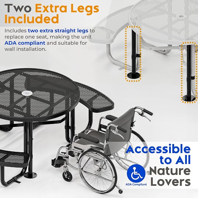 Metal Picnic Tables for Outdoors with Umbrella Hole - Coated Steel Heavy Duty Commercial Grade Furniture Set with Adjustable Seats (Black, 46 in, Round, Punched Steel)