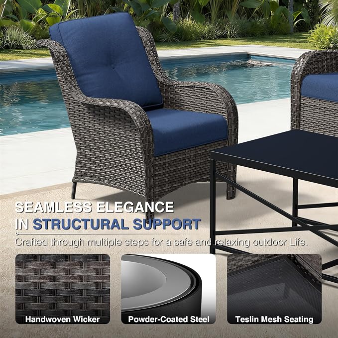 Joyside 4 Piece Wicker Patio Furniture Set, Rattan Patio Chairs with High Back, Deep Seating, Wide Armrest, Thickened Cushions, Outdoor Furniture for Deck, Porch Use