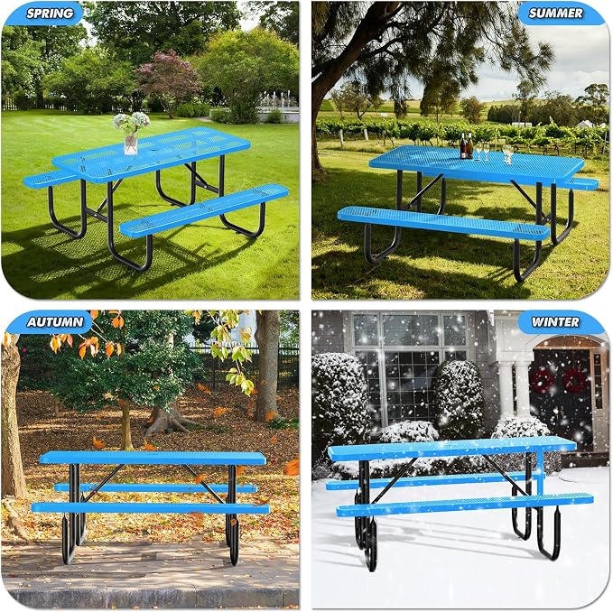 6FT Rectangular Outdoor Picnic Table with Attached Benches, Heavy-Duty Expanded Metal Mesh Patio Table, Commercial-Grade Outdoor Seating for Park, Backyard, Deck, Lawn, Blue