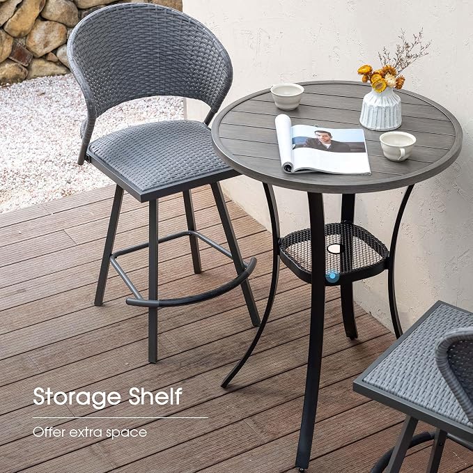 VICLLAX Outdoor Bar Table, 28" Wide Round Patio Bar-Height Table Weather Resistant Metal Slatted Tabletop with Umbrella Hole for Front Porch Deck, Backyard, Light Grey