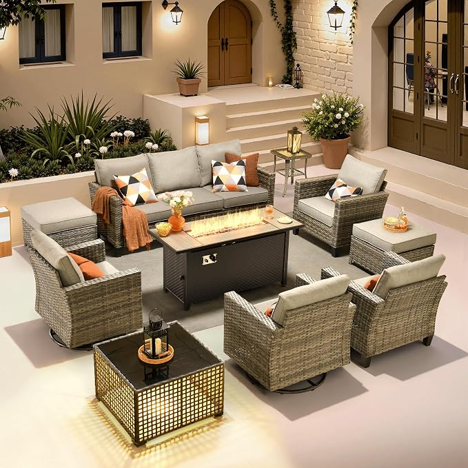 ovios 10 Pieces Patio Furniture Set with Swivel Chairs Rocking Gliders, 54" Fire Pit Table, Outdoor Sofa Couch with Solar Lights Table, Modern Deep Seat Wicker Rattan Conversation Set, Dark Grey