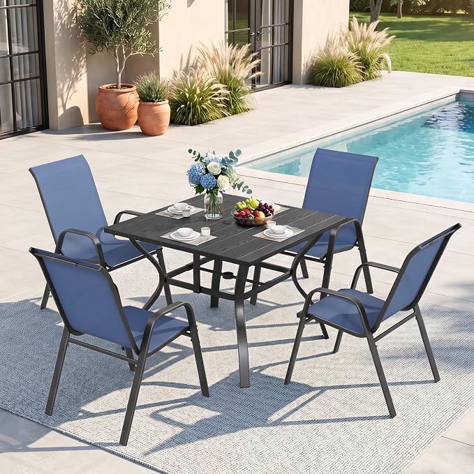 Outdoor Dining Set for 4, Patio Metal Table and Chairs Set with 1.97'' Umbrella Hole, 5pcs Patio Furniture Set 37.8”x37.8” Dining Table Set with Stackable Chairs for Backyard Pool Deck