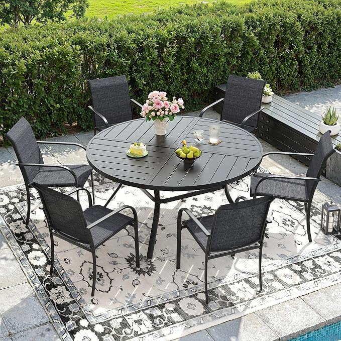 DIFY 7 Pieces Outdoor Patio Dining Set for 6, 50" Black Round Metal Dining Table and 6 Grey Stackable Textilene Patio Chairs, Outdoor Table and Chairs for Backyard Garden Poolside
