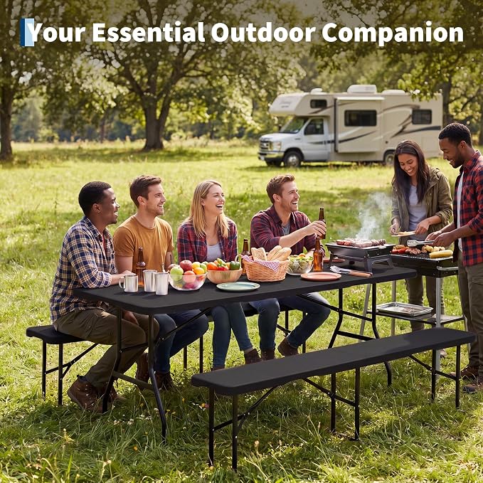 Garvee 6FT Portable Folding Table 2 Pack, HDPE Plastic Foldable Table with Carry Handle for Camping, Parties, Picnic & Events Indoor Outdoor, Black