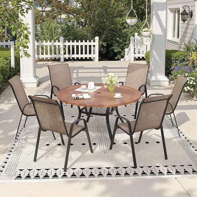 7 Pieces Outdoor Dining Set, 47.2" Round Table with Umbrella Hole & Stackable Patio Dining Chairs, Patio Table and Chairs Set for Deck Garden Porch, Brown Chairs & Walnut Table