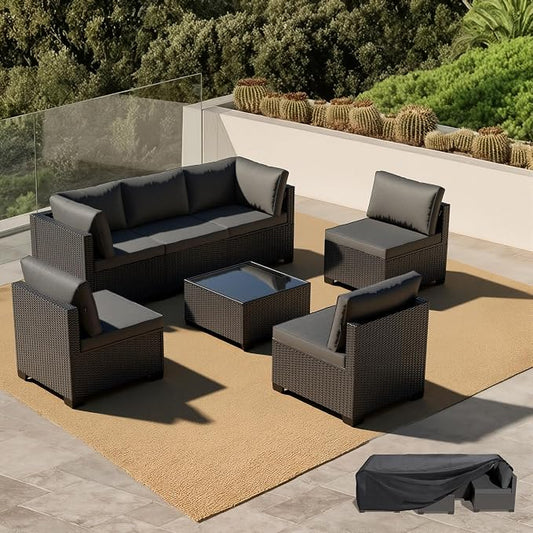 Patio Furniture Set - All-Weather - 7 Piece Patio Outdoor Conversation Set, Modular Wicker Rattan Sectional Sofa for Backyard, Garden, Poolside, Balcony, Porch, Patio,Black/Dark Gary