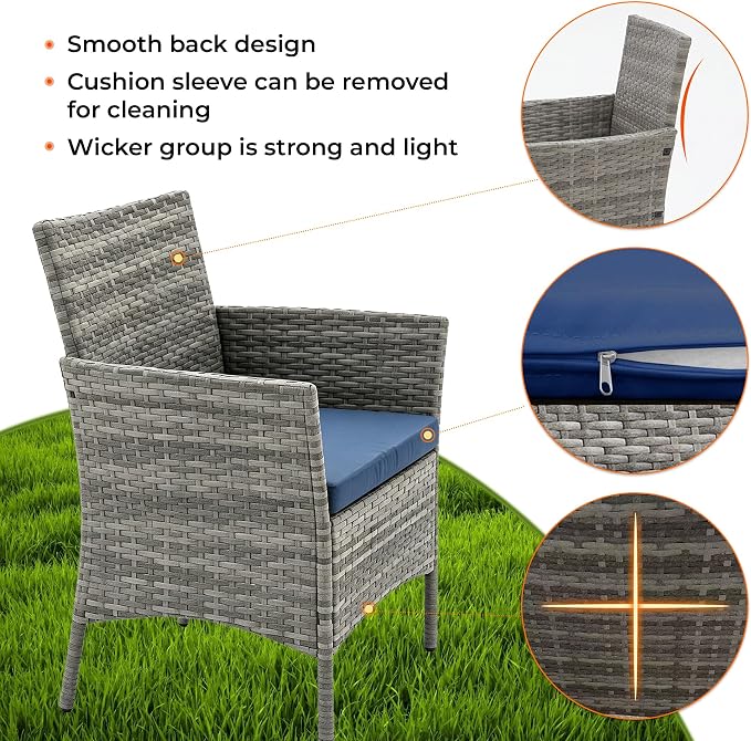 4 Pieces Outdoor Patio Furniture Set, Wicker Patio Conversation Set with Tea Table, All-Weather Outside Rattan Sectional Sofa for Backyard, Poolside, Garden, Balcony, Gray/Navy