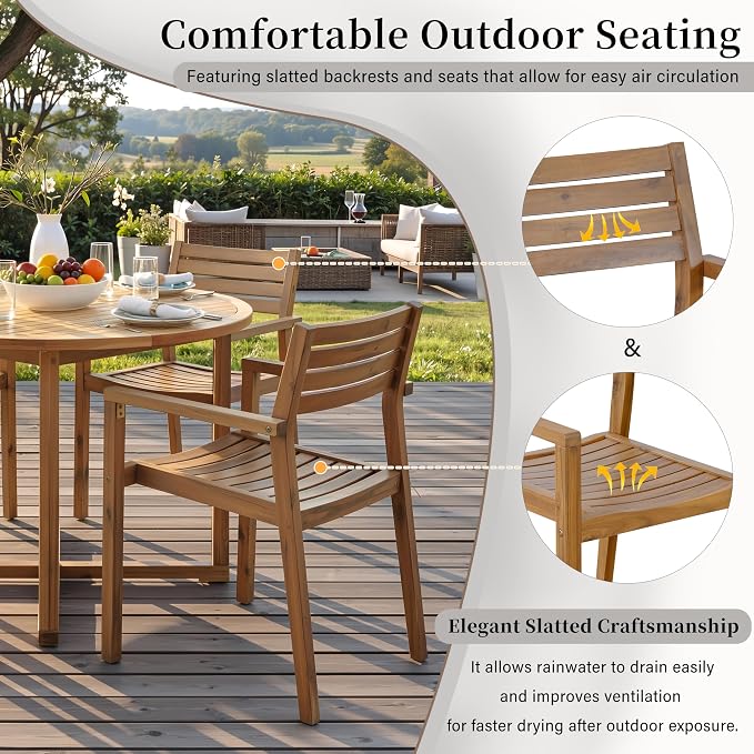 SOFTSEA 5-Piece Patio Dining Set, Acacia Wood Outdoor Table & Chairs, All-Weather Patio Round Dining Set for Garden, Deck, Poolside, Natural