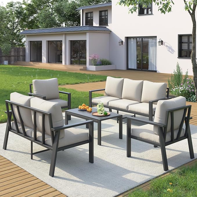 UDPATIO Aluminum Outdoor Patio Furniture Set 5 Pieces Metal Patio Conversation Sets Modern Sofa Seating Set with Coffee Table for Deck,Garden Backyard, Beige