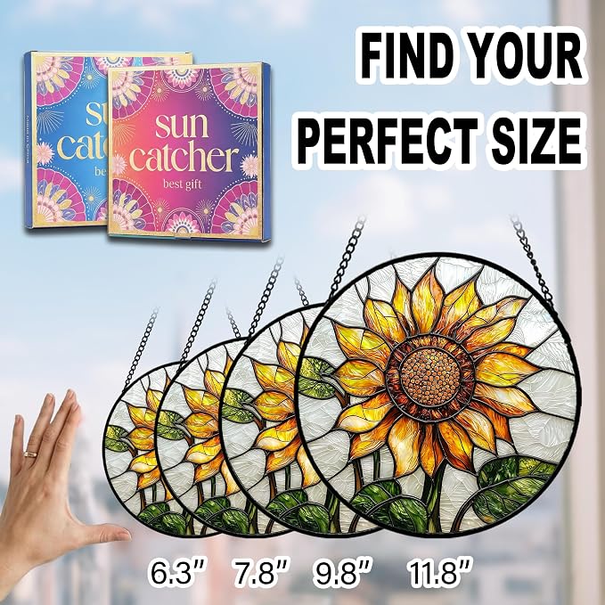 Sunflower Gifts for Women - Yellow Flower Faux Stained Glass Window Hanging Sun Catcher for Door Garden Acrylic Decor Mother's Day Christmas Birthday Gift for Mom Nana Grandma Sisters Colleague 11.8"