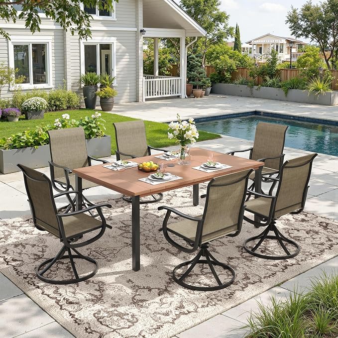 DIFY Outdoor Dining Set for 6, 7 Piece Patio Table and Chairs Set, Swivel Patio Chairs with Brown Textilene & 63" Walnut Rectangle Metal Dining Table with Umbrella Hole, for Garden Backyard Deck