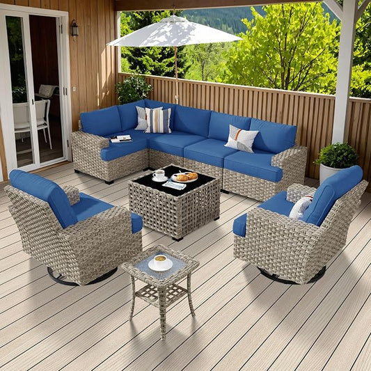 Weaxty 9 Pieces Patio Furniture Set, Outdoor Sectional Furniture Sofa Set w/Swivel Rocking Chairs Coffee Table, PE Wicker Modular Couch Conversation Set for Backyard Garden,Navy Blue