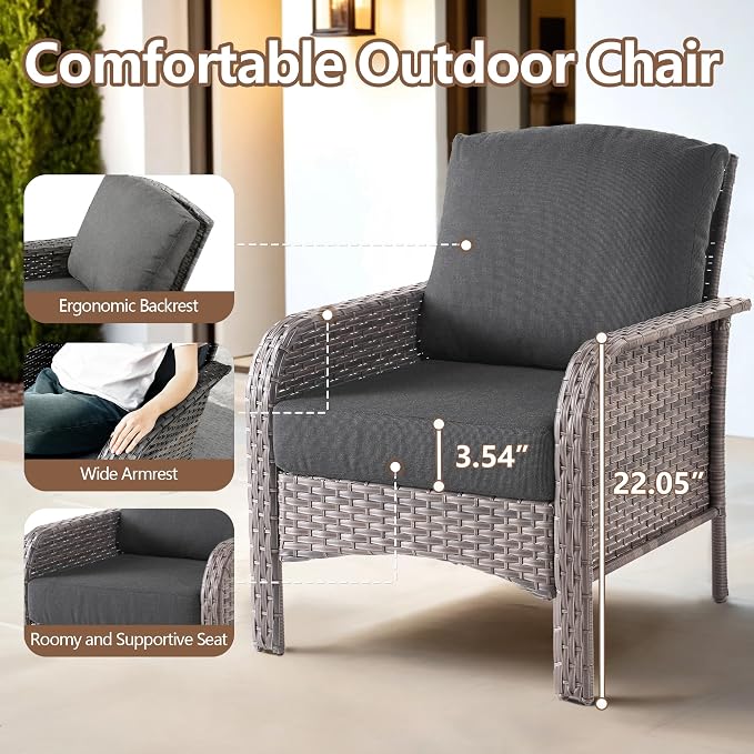 4 PCS Outdoor Patio Furniture Set with Glass Table, All-Weather Rattan Wicker Outdoor Conversation Set with Thickened Cushions for Balcony Backyard Garden Lawn,Black