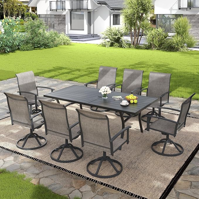 VICLLAX 9 Pieces Patio Outdoor Dining Set, 8 Swivel Textilene Chairs and 70" Rectangular Metal Table with Umbrella Hole for Porch, Deck, Garden, Black/Grey