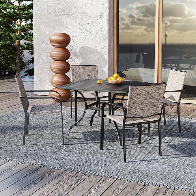Small Outdoor Table and Chairs Set with Beige Chairs and 35" Square Table | 4 Piece Stackable Chairs, Textilene Seat&Back, Metal Table, Slat Table Top, 4 Person Use, 1.57" Umbrella Hole, All Weather